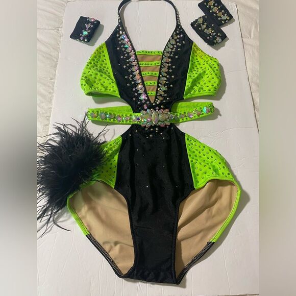 Glamour solo dance costume neon green Feather rhinestone embellished leotard MA - Picture 3 of 13